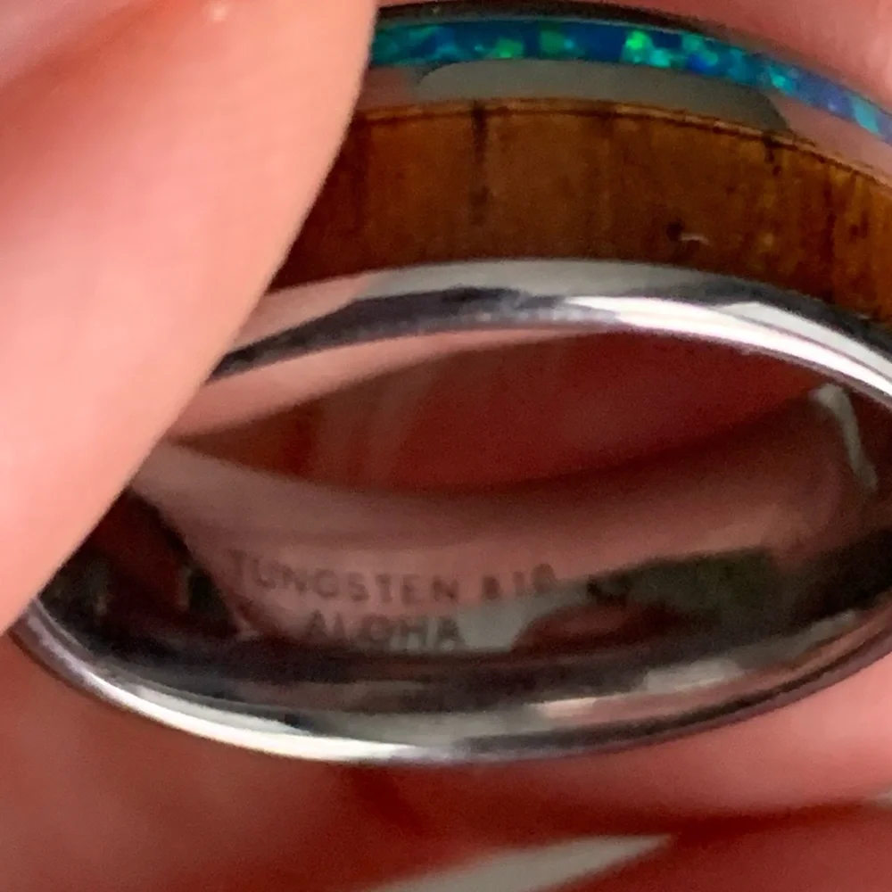Blue opal and Koa wood Tungsten men’s wedding ring